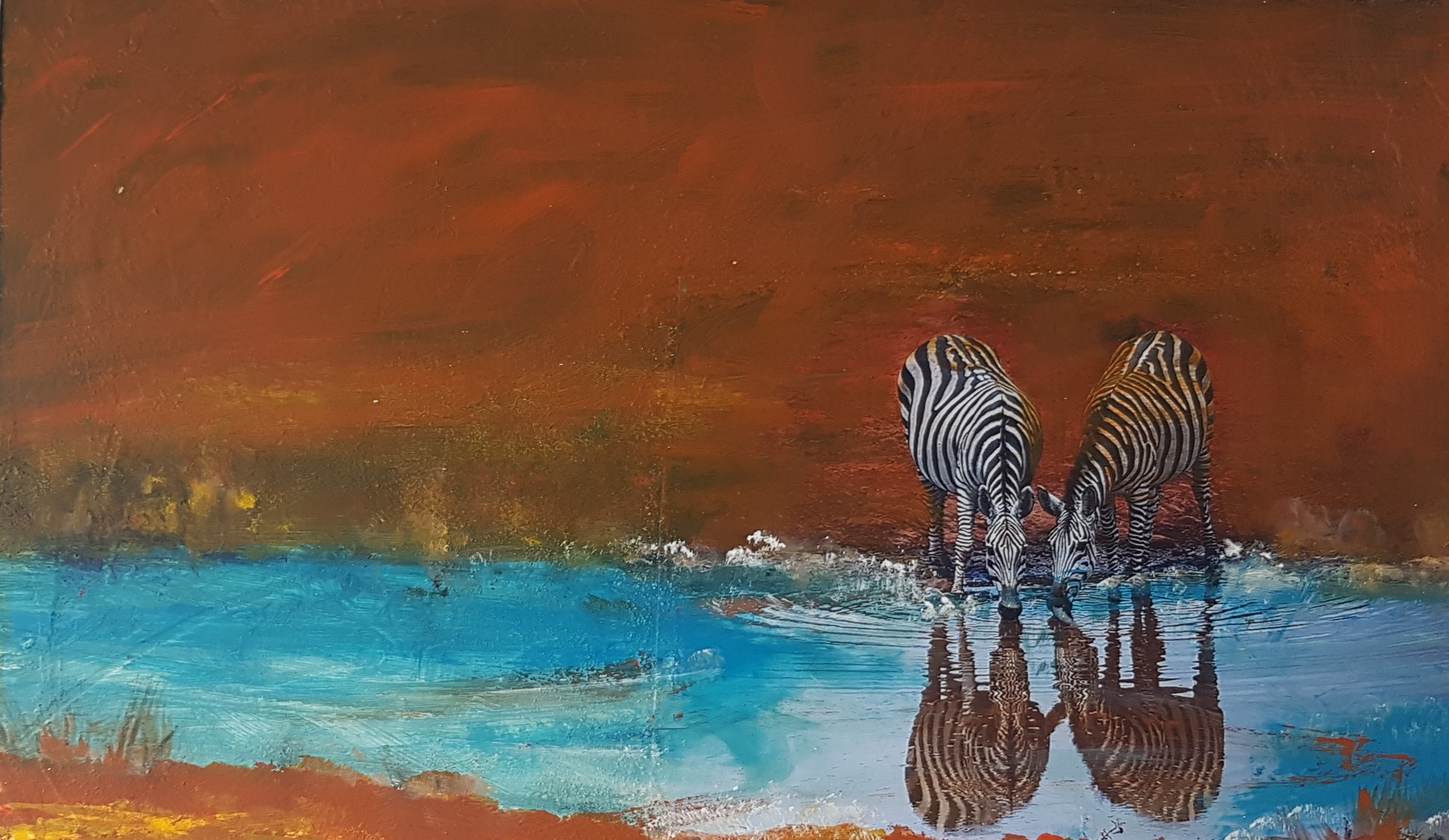 Zebras-am-Wasser_-Collage-auf-Holzkoerper-30x50